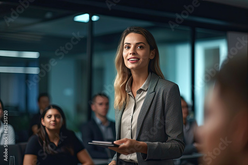 Confident Businesswoman Nails Presentation in Modern Conference Room. Generative AI