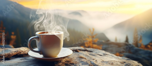 Mug with hot beverage, cup of steaming coffee, tea with mountains landscape on background, vacation concept