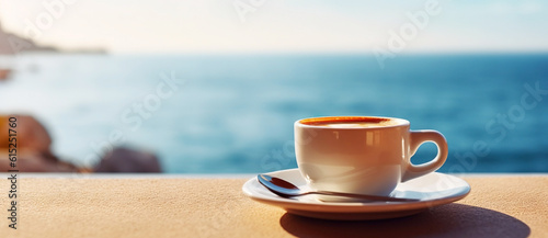 Mug with hot beverage, cup of steaming coffee, tea with sea landscape on background, vacation concept
