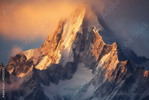 photo ofa rugged mountaineer Alpine peak. AI generative