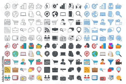 150 marketing vector icons, embodying SEO, digital campaigns, social media, eCommerce, more. Perfect for enhancing your brand's web design and marketing materials