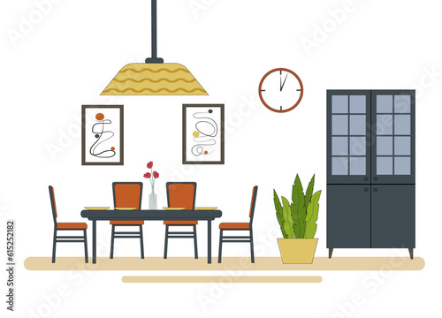Dining room interior. Furniture - a table and chairs, paintings on the wall, a chandelier and a sideboard with crockery. Vector. For the design of flyers, brochures and furniture stores.