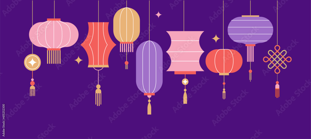 Collection of Chinese Lanterns. Chinese New Year, Mid Autumn Festival background, banner and greeting card. Flat minimalist geometric design Collection of Chinese Lanterns. Chinese New Year, Mid Autumn Festival background, banner and greeting card. Flat minimalist geometric design