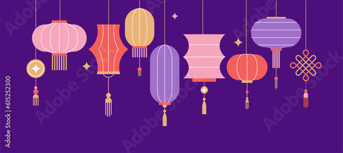 Collection of Chinese Lanterns. Chinese New Year, Mid Autumn Festival background, banner and greeting card. Flat minimalist geometric design