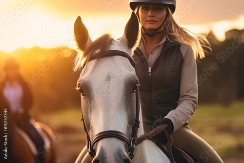 Woman and Horse in the Sunset Glow. Generative AI © Andrii 