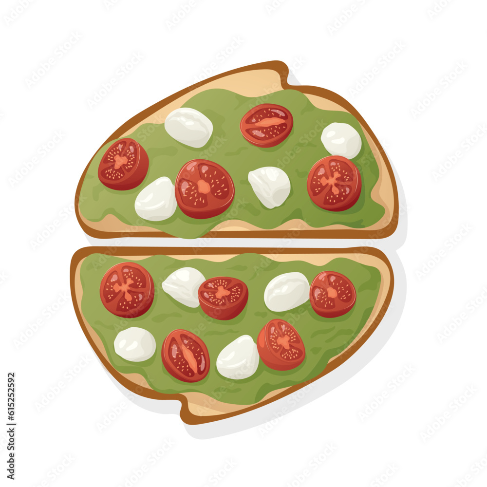 Two toast with avocado, tomatoes and mozzarella. Healthy eating, nutrition, diet, cooking, breakfast menu, fresh food concept. Vector illustration for banner, menu, poster. Two toast with avocado, tomatoes and mozzarella. Healthy eating, nutrition, diet, cooking, breakfast menu, fresh food concept. Vector illustration for banner, menu, poster.
