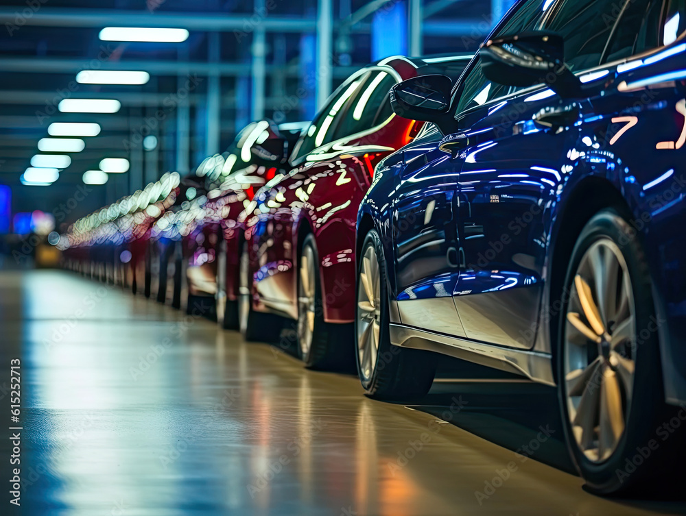 Rows of Freshly Produced Cars. Generative AI