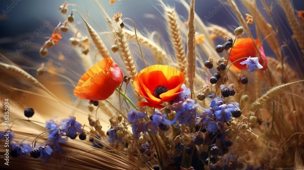 Fototapeta premium Wildflowers, poppies at sunrise