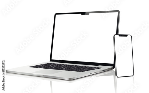 Laptop, tablet and mobile phone. Flat lay detailed and realistic devices mockup