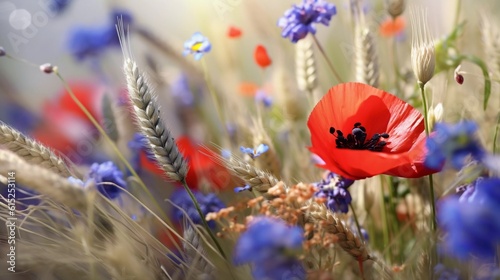 Tableau sur toile Wildflowers, poppies at sunrise