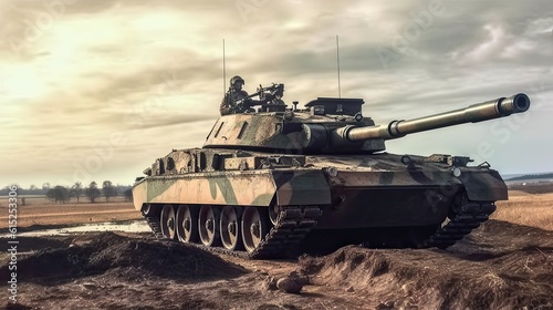 Tank on the beach. AI generated art illustration.