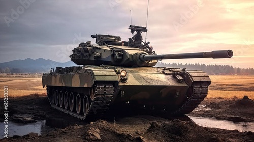 Tank on the beach. AI generated art illustration.