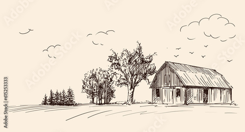 Countryside landscape with wooden barn. Fast pencil hand sketch on a beige background.