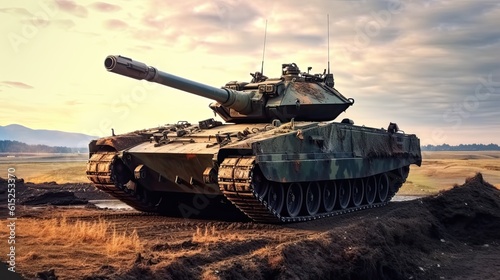 Tank on the beach. AI generated art illustration.