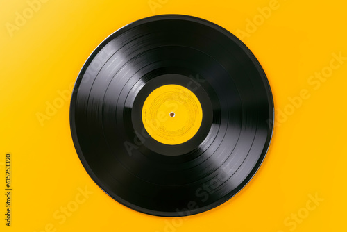 BLACK VINYL DISC ON YELLOW BACKGROUND. AI ILLUSTRATION.