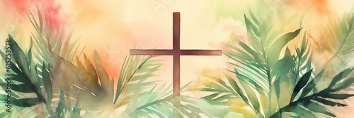 Palm sunday background, Cross and palm watercolor, Generative AI