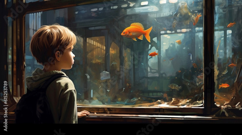 A boy in front of an aquarium with AI generative technology © The Picture House