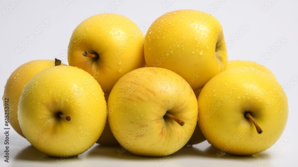 Yellow apples on white background. Created with Generative AI technology. Yellow apples on white background. Created with Generative AI technology.