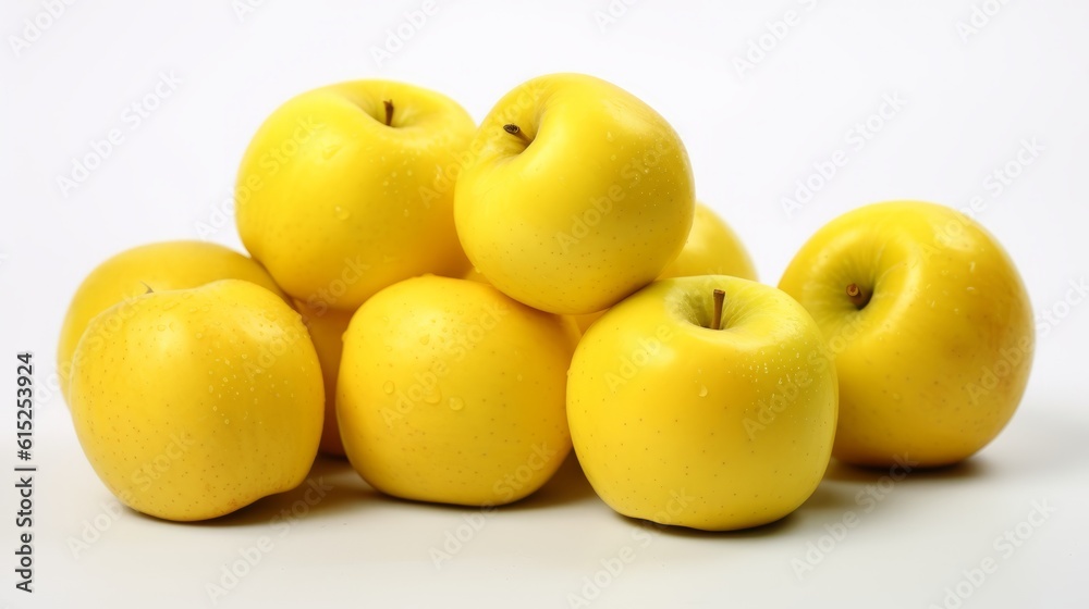 Yellow apples on white background. Created with Generative AI technology. Yellow apples on white background. Created with Generative AI technology.
