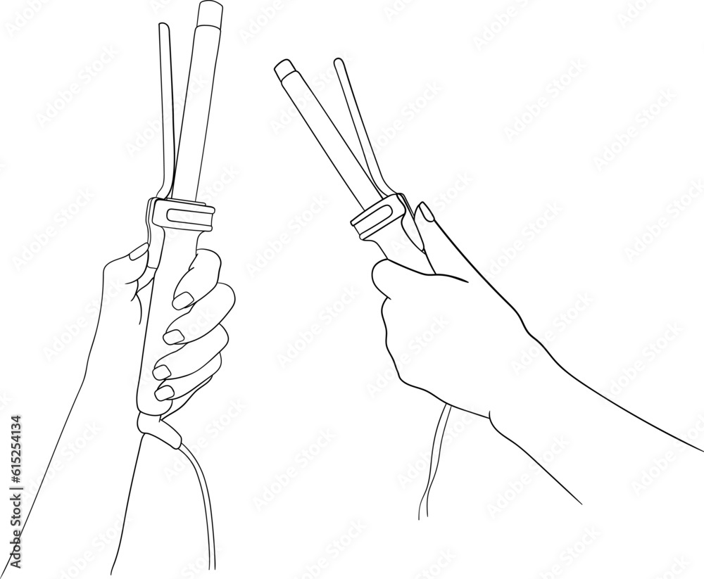 Woman's hand holding a curling wand line art isolated Woman's hand holding a curling wand line art isolated