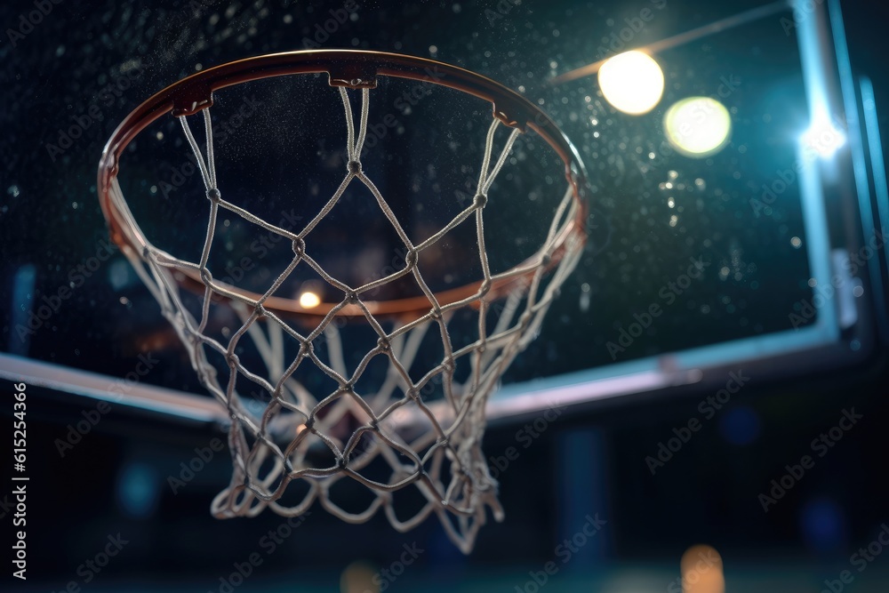 Close - up view of the basketball hoop at an empty urban outdoor court at night. Generative AI