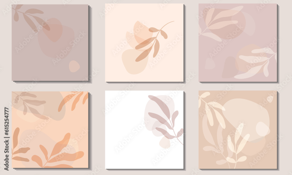 Tropical leaves and abstract shapes. A set of square backgrounds in shades of beige, muted brown and lilac.