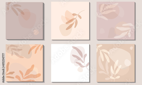 Tropical leaves and abstract shapes. A set of square backgrounds in shades of beige  muted brown and lilac.