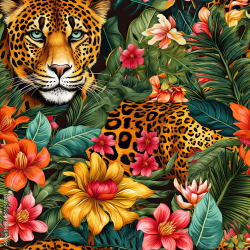 Seamless floral pattern with leopard print, tropical flowers and leaves. Digital illustration background. Generative AI