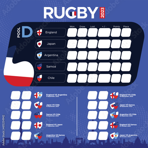 Schedule for all rugby matches of pool D, scoreboard of rugby competition 2023. Vector icon with Flags.