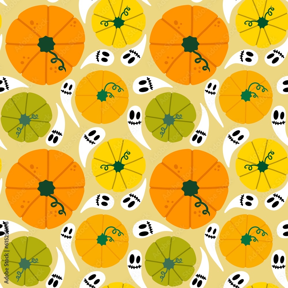 Cartoon autumn harvest seamless Halloween pumpkins pattern for wrapping paper and fabrics and linens