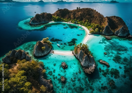 breathtaking beauty of the Banda Islands within the Moluccas archipelago in Indonesia. The scene unfolds with Pulau Gunung Api, a volcanic island, dominating the landscape. Generative AI. photo