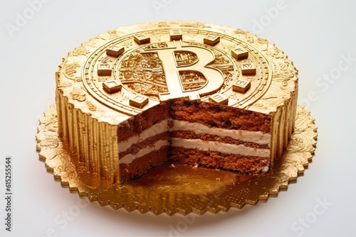 sculptural masterpiece of a bitcoin cake, intricately crafted from chocolate and fondant. As a nod to halving event, represents the future potential and innovation of the cryptocurrency. AI-Generated.