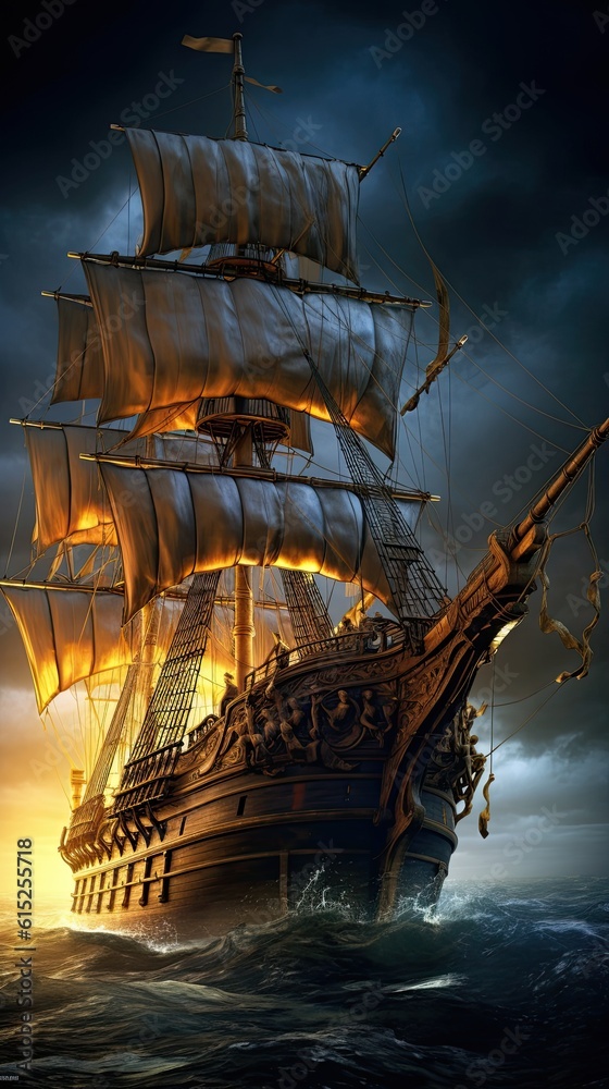 Ship at sunset. AI generated art illustration.