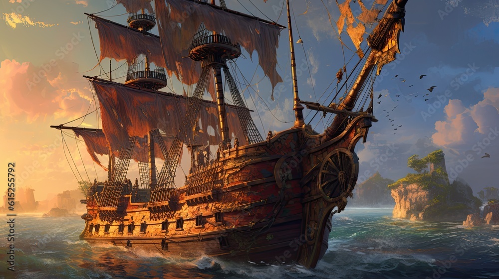 Ship at sunset. AI generated art illustration.
