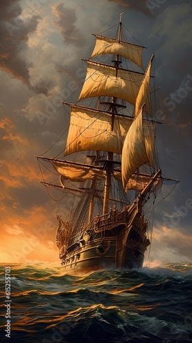 Ship at sunset. AI generated art illustration.
