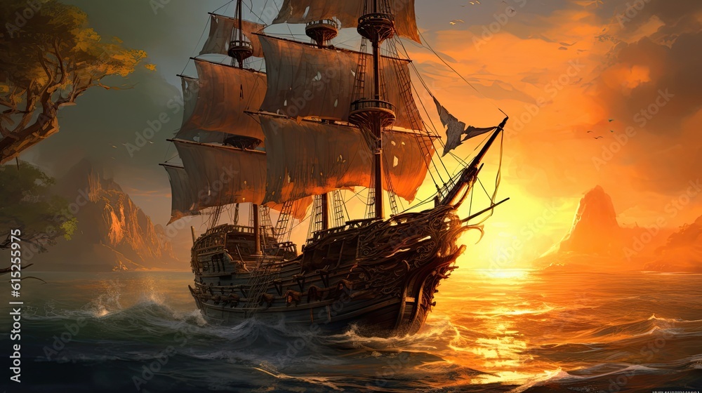 Obraz premium Ship in the sunset. AI generated art illustration.
