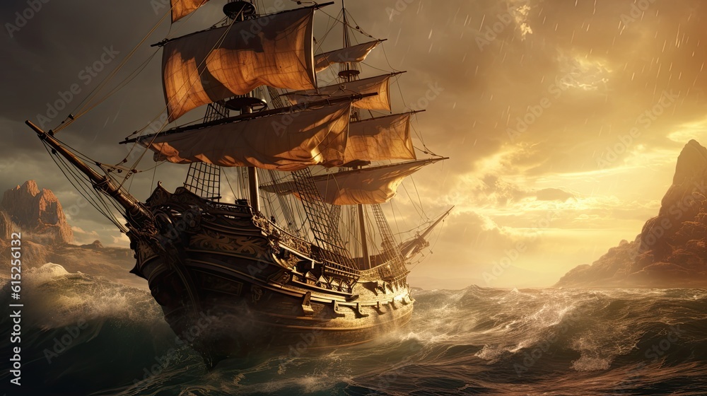 Ship in the sunset. AI generated art illustration.
