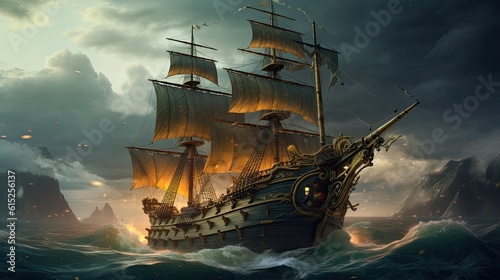Obraz na płótnie Ship in the sunset. AI generated art illustration.
w salonie