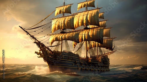 Ship in the sunset. AI generated art illustration.
