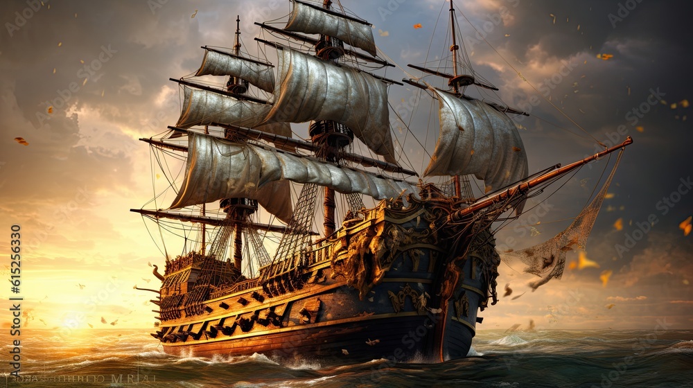 Ship in the sunset. AI generated art illustration.