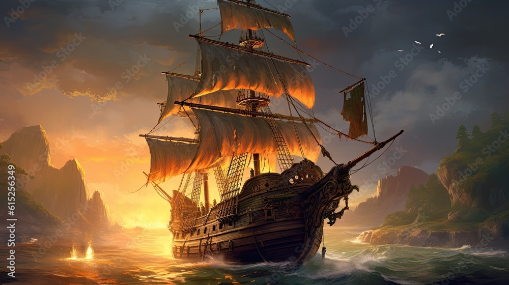 Ship in the sunset. AI generated art illustration.