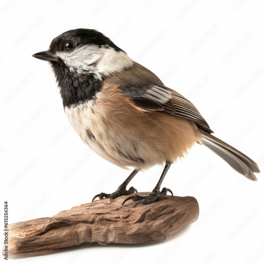 Fototapeta premium Black-capped Chickadee bird isolated on white background. Generative AI