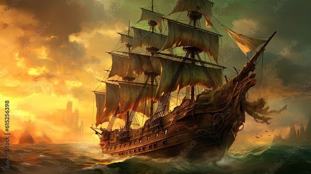 Ship in the sunset. AI generated art illustration.