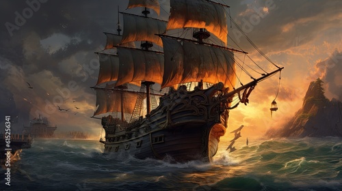 Ship in the sunset. AI generated art illustration. 