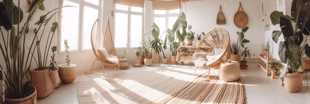 Fototapeta premium Cozy eco,house with room with rattan chairs, jute rugs on the floor and giant Monstera Deliciosa plant, Natural sustainable materials in eco,friendly interior design, Generative AI