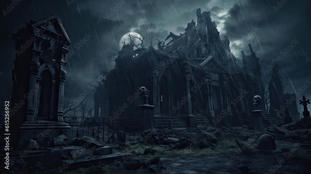 Gothic church in the night. AI generated art illustration. Gothic church in the night. AI generated art illustration.