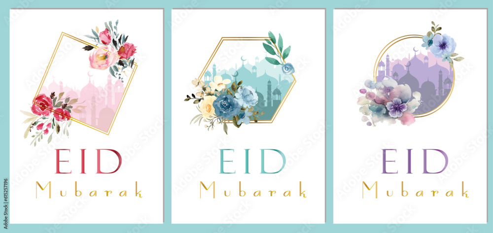 Set of Floral Eid Mubarak cards with mosque in red, green and purple colours on white background and watercolour flowers, anniversary invitation, minimalist design, vector Set of Floral Eid Mubarak cards with mosque in red, green and purple colours on white background and watercolour flowers, anniversary invitation, minimalist design, vector
