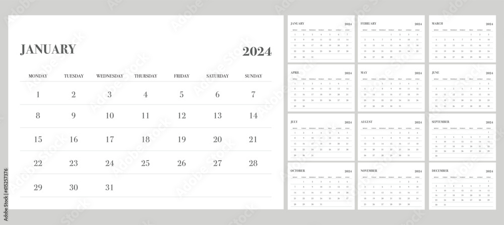 Calendar 2024 with week start from monday, minimalist design Calendar 2024 with week start from monday, minimalist design