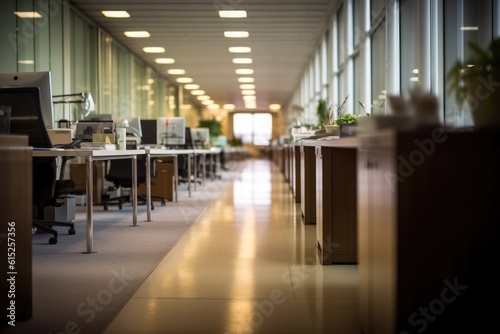 The depth of a modern office, blurred to create an aesthetically pleasing bokeh effect. Generative AI