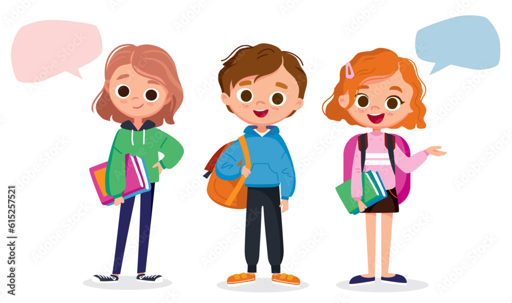 Group of school children standing with backpacks and school supplies. Cute boys and girls with speech bubbles. Group of school children standing with backpacks and school supplies. Cute boys and girls with speech bubbles.